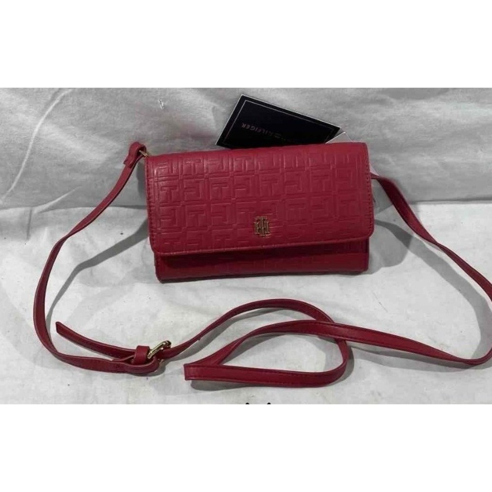 Tommy Hilfiger Womens Red Monogram Embossed Crossbody Wallet Bag Gold Hardware